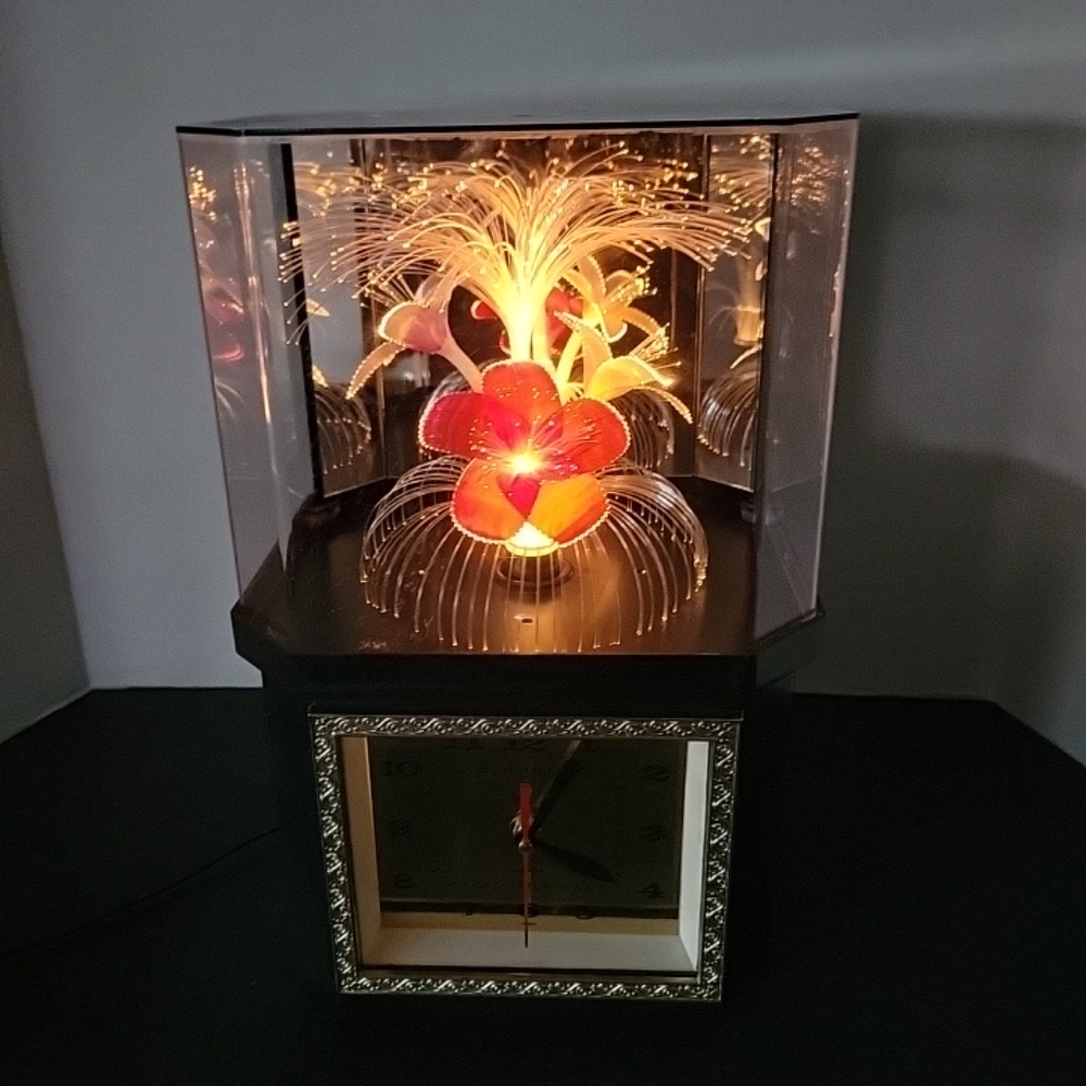 Vtg Fiber Optic Rotating Flower Clock Lamp 14.5'' 80s Lighted Music Box.